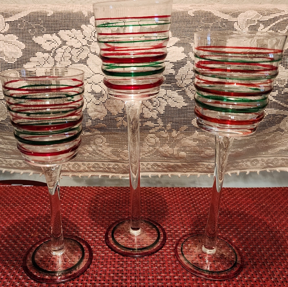 Vintage Stemmed Holiday Design Glass Votive Holders (3)